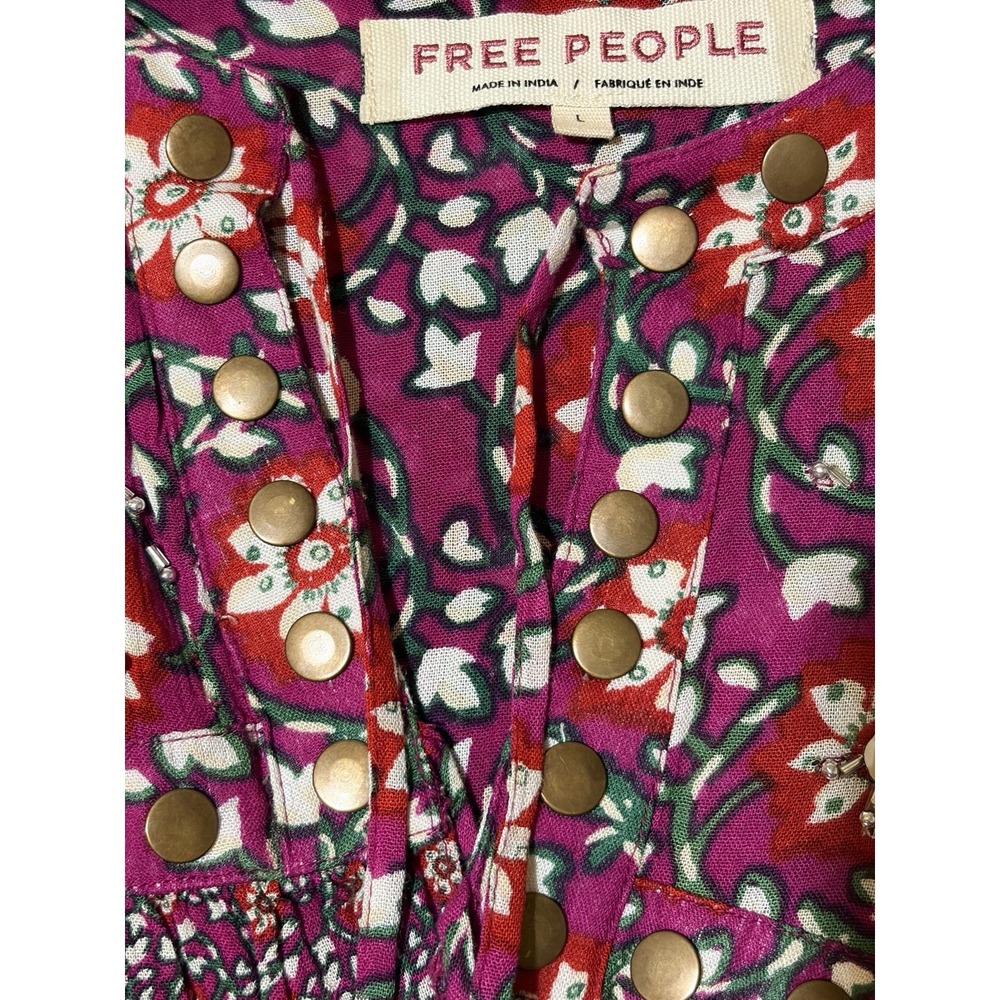FREE PEOPLE Women Multicolor Long Flare Sleeve Boho Peasant Style Blouse Sz L - Picture 3 of 15